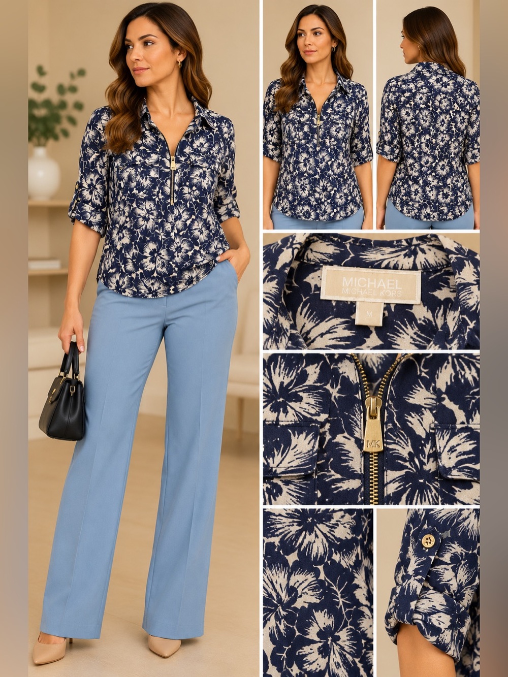 Michael Kors Navy and White Floral Zip-Front Shirt